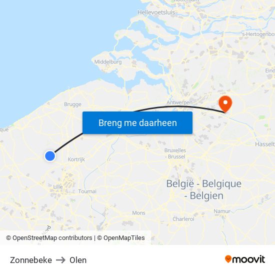 Zonnebeke to Olen map