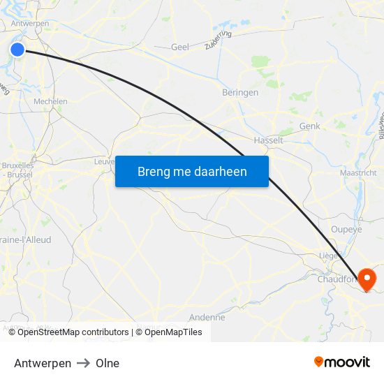 Antwerpen to Olne map