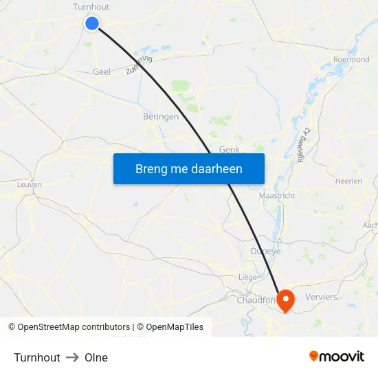 Turnhout to Olne map