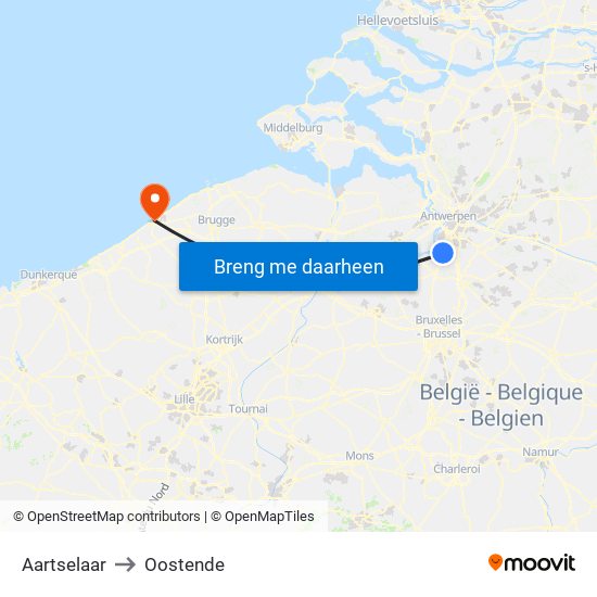 Aartselaar to Oostende map