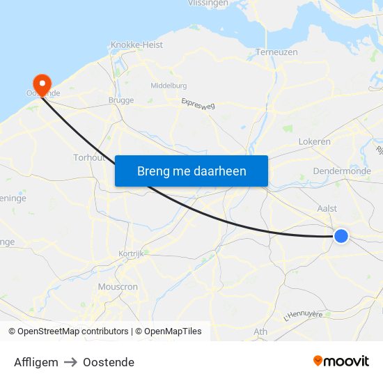 Affligem to Oostende map