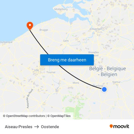 Aiseau-Presles to Oostende map