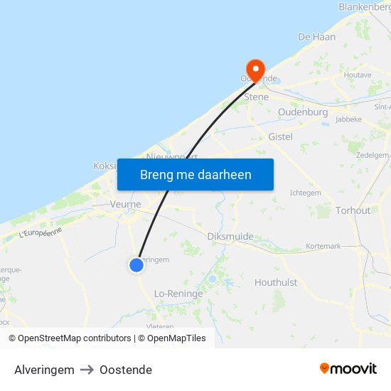 Alveringem to Oostende map