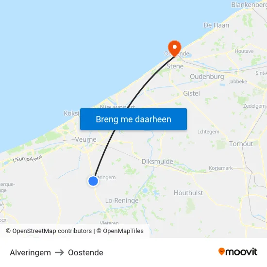 Alveringem to Oostende map