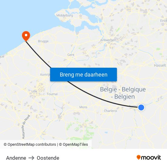 Andenne to Oostende map