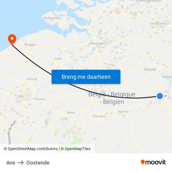 Ans to Oostende map