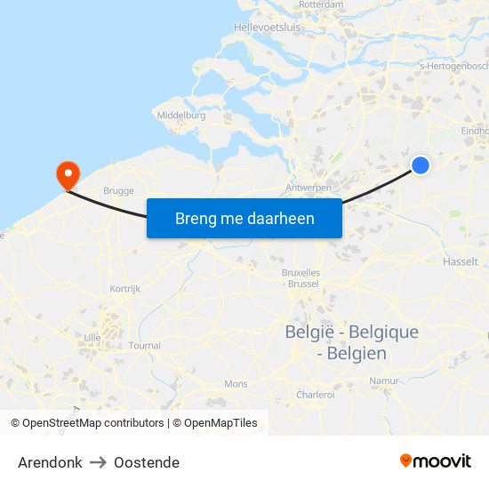 Arendonk to Oostende map