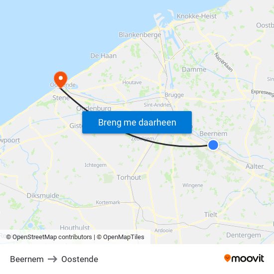 Beernem to Oostende map