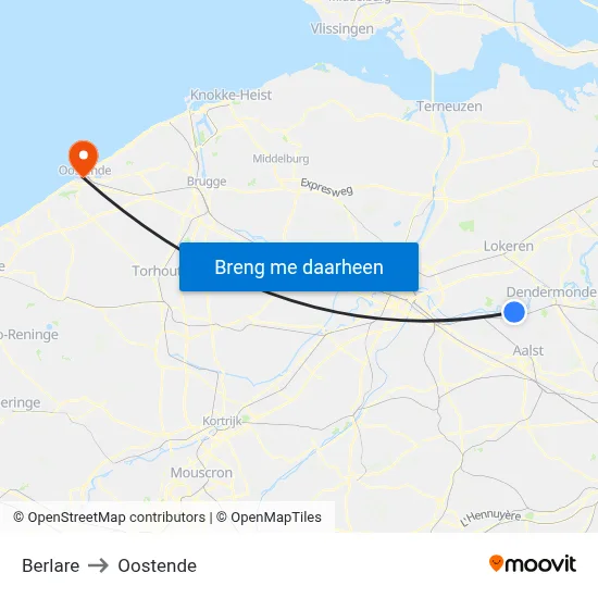 Berlare to Oostende map
