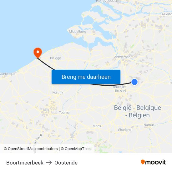 Boortmeerbeek to Oostende map