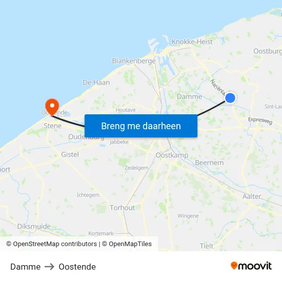 Damme to Oostende map