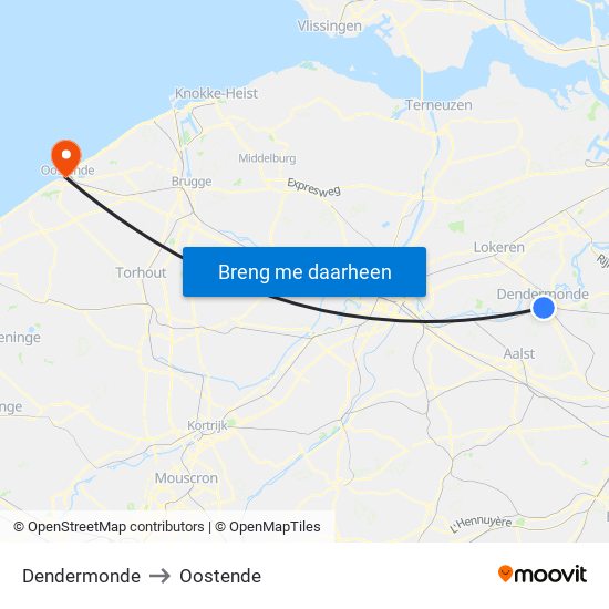 Dendermonde to Oostende map