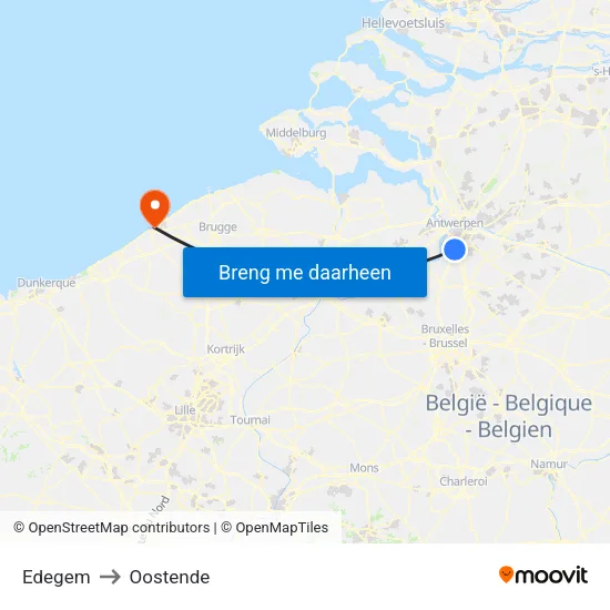 Edegem to Oostende map