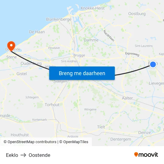Eeklo to Oostende map
