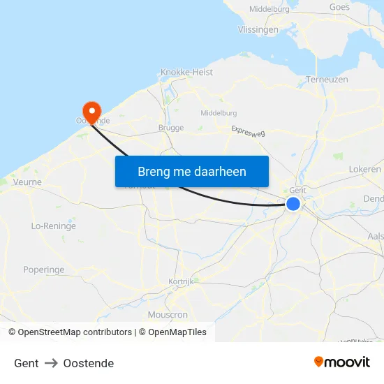 Gent to Oostende map