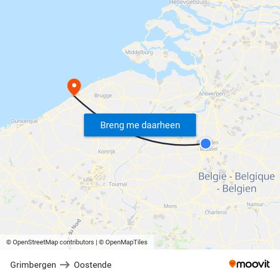 Grimbergen to Oostende map