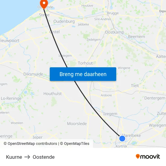 Kuurne to Oostende map