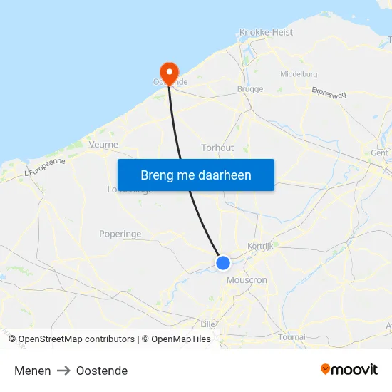 Menen to Oostende map