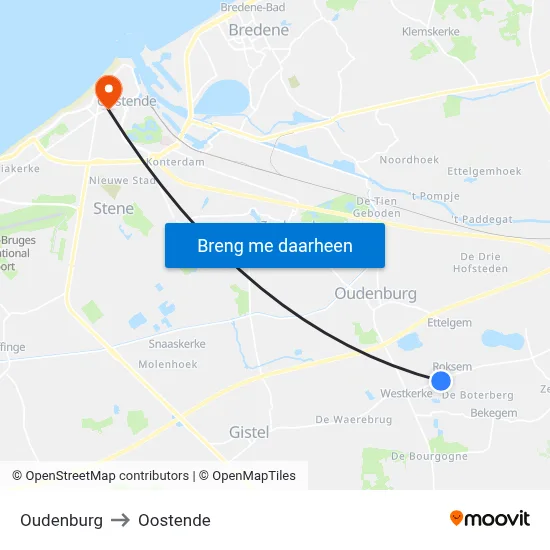 Oudenburg to Oostende map