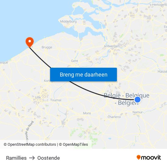 Ramillies to Oostende map