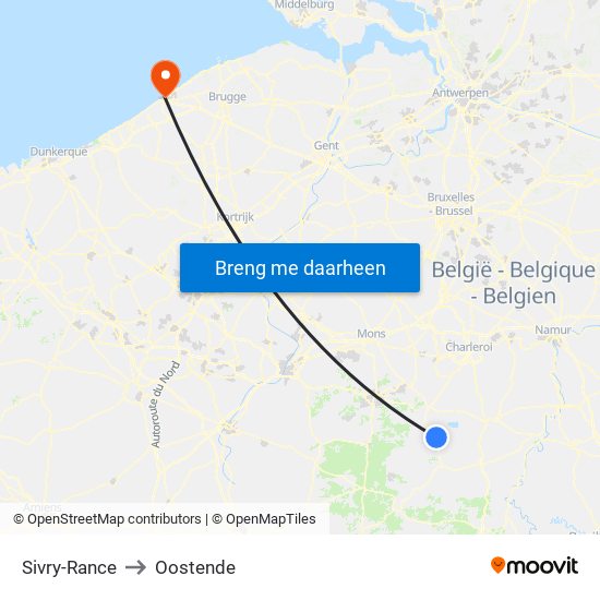 Sivry-Rance to Oostende map