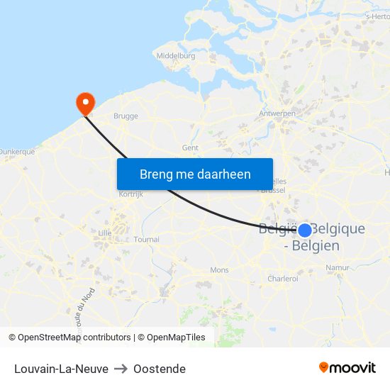 Louvain-La-Neuve to Oostende map