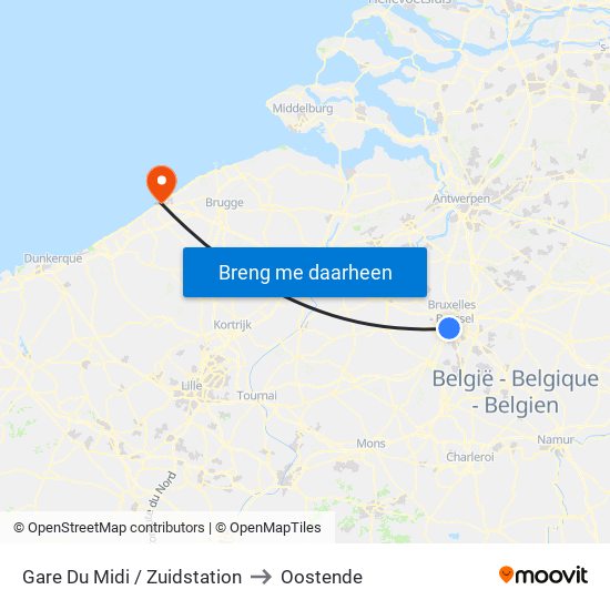 Gare Du Midi / Zuidstation to Oostende map