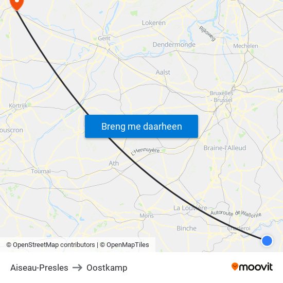 Aiseau-Presles to Oostkamp map