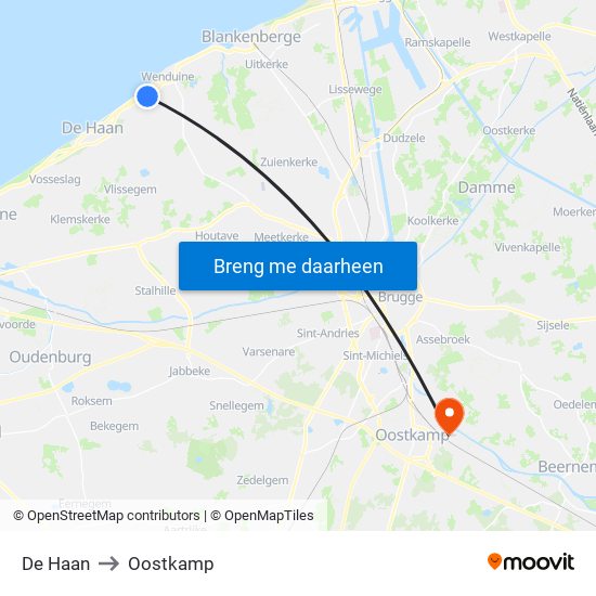 De Haan to Oostkamp map