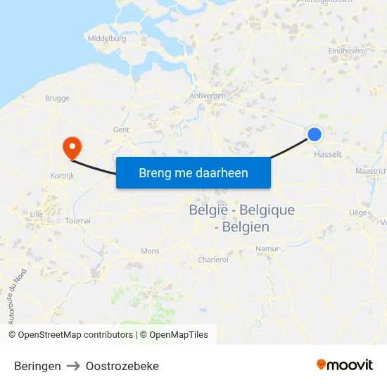 Beringen to Oostrozebeke map