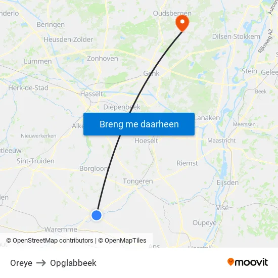 Oreye to Opglabbeek map