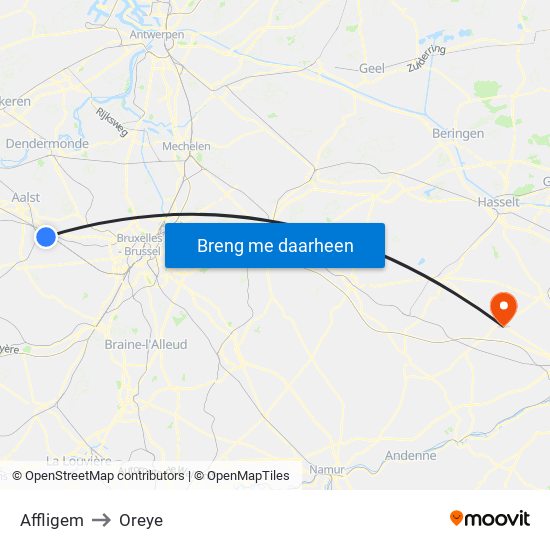 Affligem to Oreye map