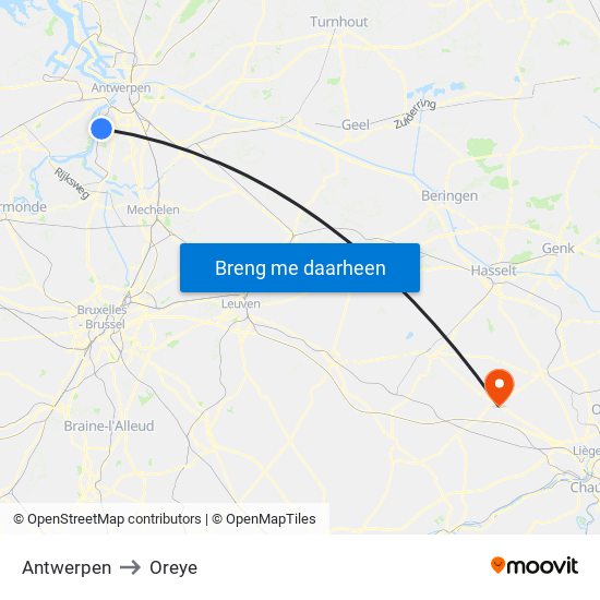 Antwerpen to Oreye map