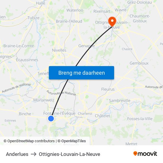 Anderlues to Ottignies-Louvain-La-Neuve map