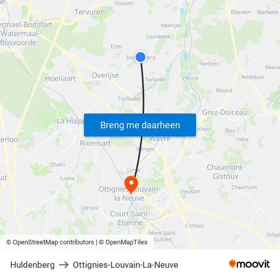 Huldenberg to Ottignies-Louvain-La-Neuve map