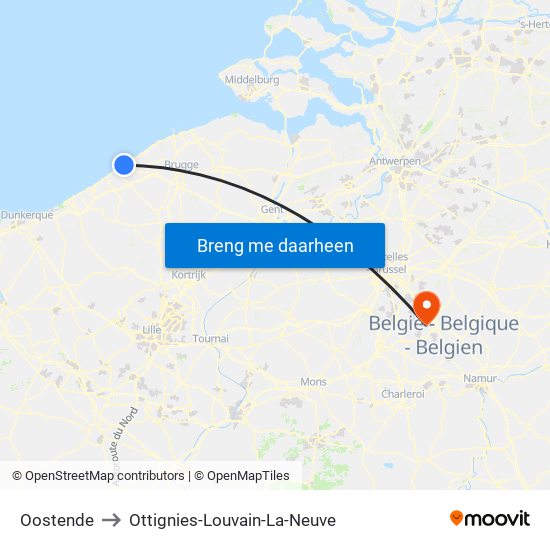 Oostende to Ottignies-Louvain-La-Neuve map