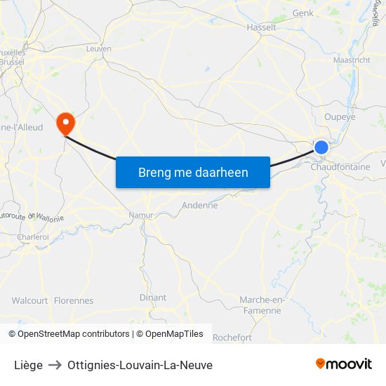 Liège to Ottignies-Louvain-La-Neuve map