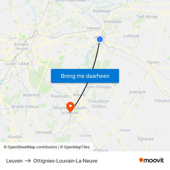 Leuven to Ottignies-Louvain-La-Neuve map
