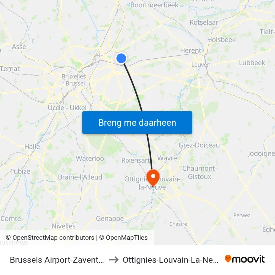 Brussels Airport-Zaventem to Ottignies-Louvain-La-Neuve map