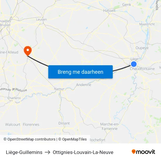 Liège-Guillemins to Ottignies-Louvain-La-Neuve map