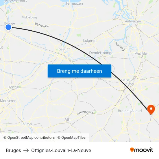 Bruges to Ottignies-Louvain-La-Neuve map