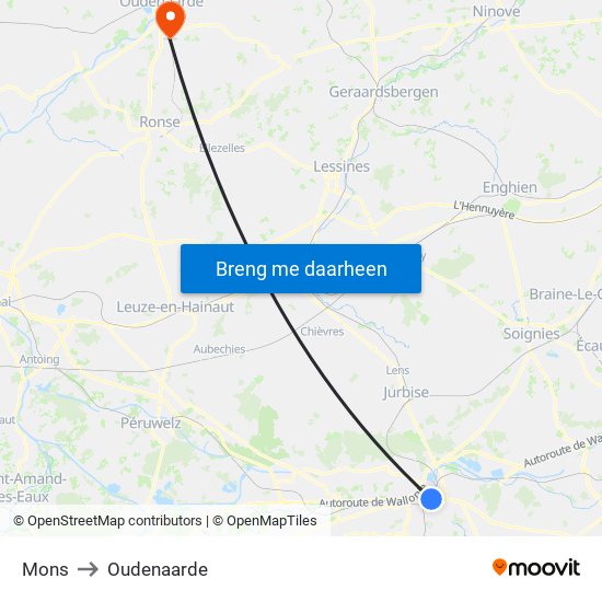 Mons to Oudenaarde map