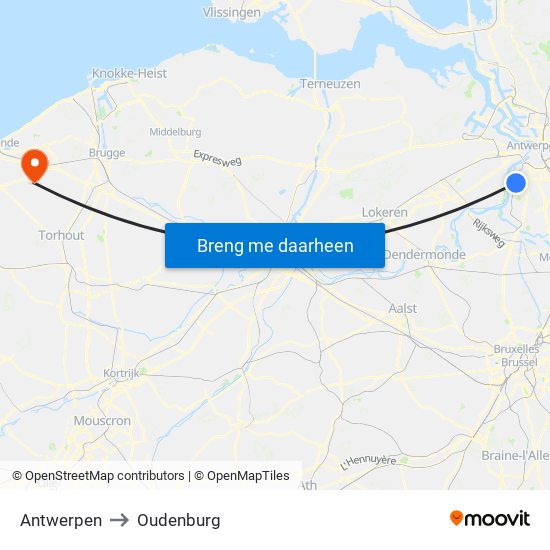 Antwerpen to Oudenburg map