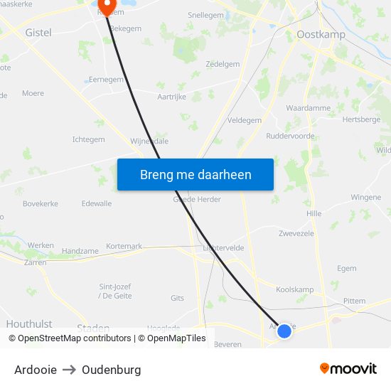 Ardooie to Oudenburg map