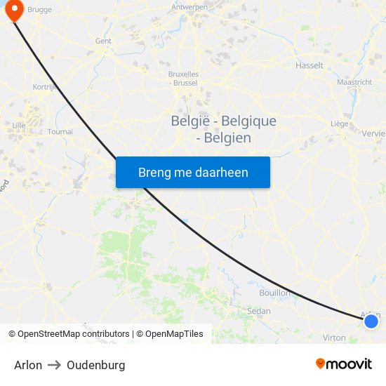Arlon to Oudenburg map