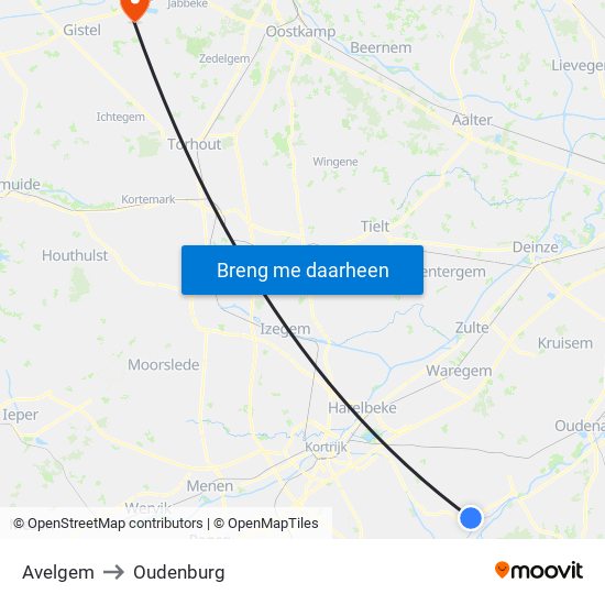 Avelgem to Oudenburg map