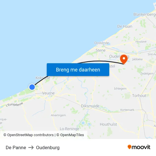 De Panne to Oudenburg map