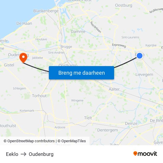 Eeklo to Oudenburg map