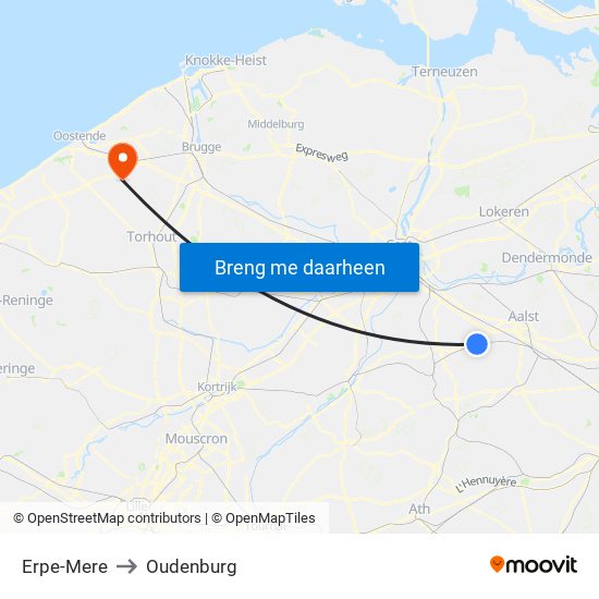 Erpe-Mere to Oudenburg map