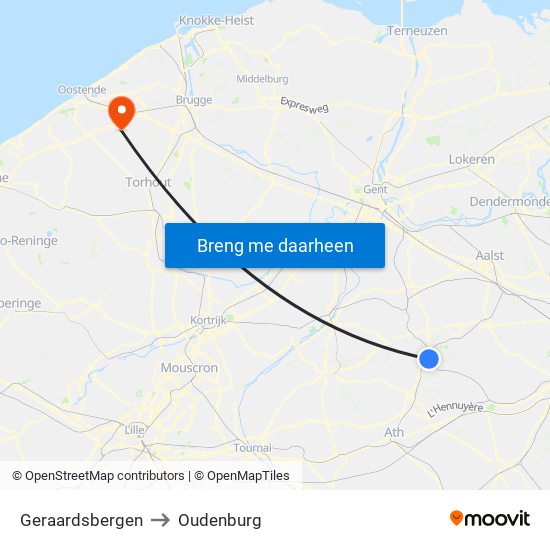 Geraardsbergen to Oudenburg map